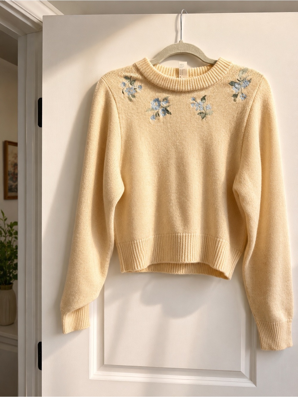 H&M Cream Crewneck Sweater with Blue Floral Embroidery